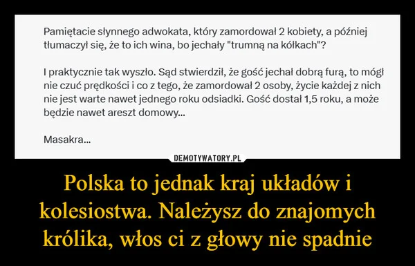 
    Polska to jednak kraj układów i kolesiostwa. Należysz do znajomych królika, włos ci z głowy nie spadnie