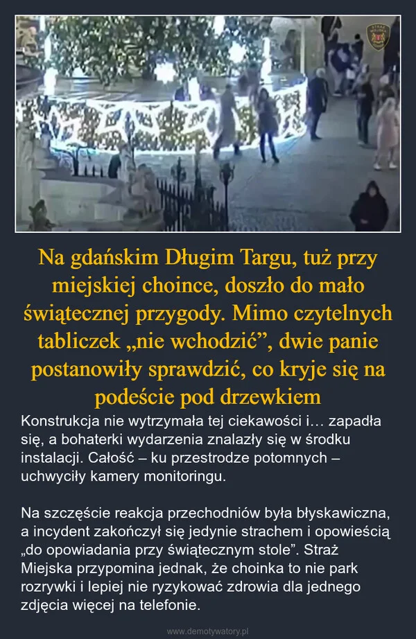 
    Na gdańskim Długim Targu, tuż przy miejskiej choince, doszło do mało świątecznej przygody. Mimo czytelnych tabliczek „nie wchodzić”, dwie panie postanowiły sprawdzić, co kryje się na podeście pod drzewkiem