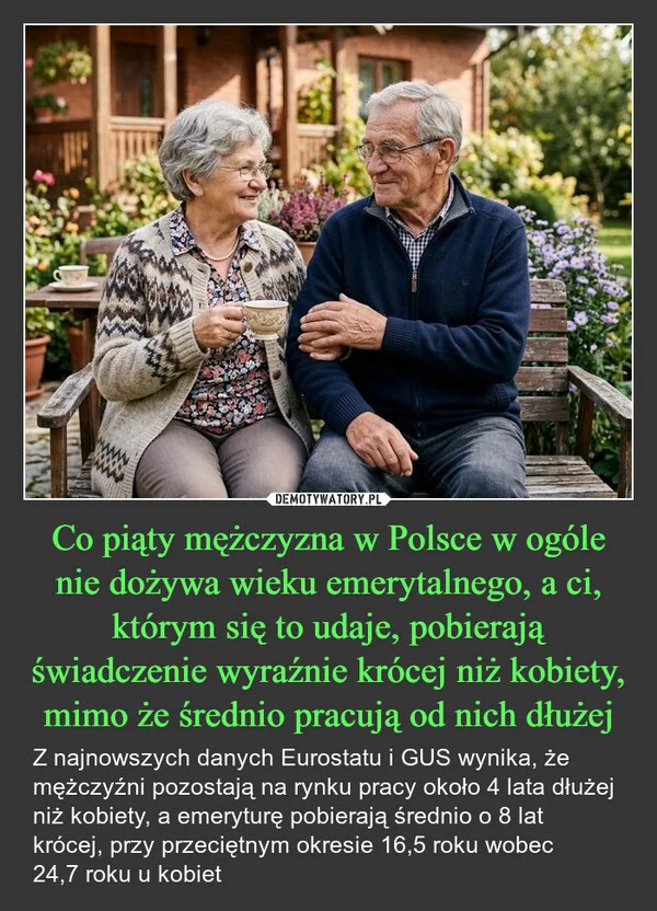 
    Co piąty mężczyzna w Polsce w ogóle nie dożywa wieku emerytalnego, a ci, którym się to udaje, pobierają świadczenie wyraźnie krócej niż kobiety, mimo że średnio pracują od nich dłużej