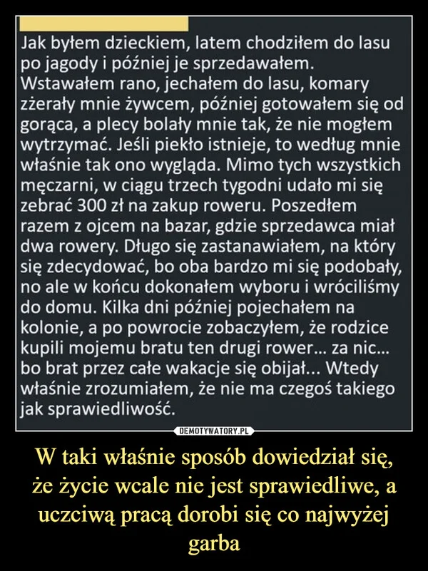
    W taki właśnie sposób dowiedział się, że życie wcale nie jest sprawiedliwe, a uczciwą pracą dorobi się co najwyżej garba