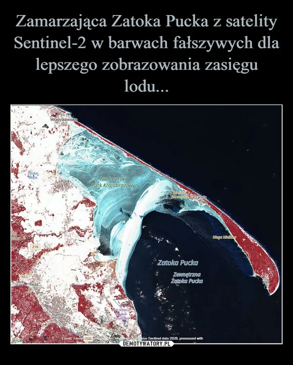 
    Zamarzająca Zatoka Pucka z satelity Sentinel-2 w barwach fałszywych dla lepszego zobrazowania zasięgu lodu...