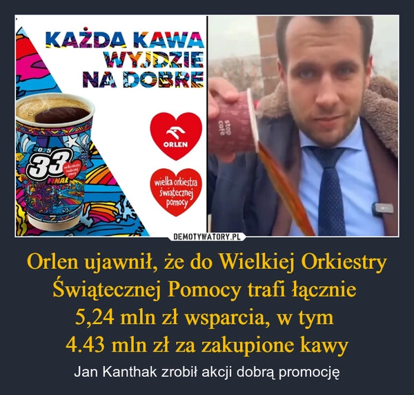 
    Orlen ujawnił, że do Wielkiej Orkiestry Świątecznej Pomocy trafi łącznie 
5,24 mln zł wsparcia, w tym 
4.43 mln zł za zakupione kawy