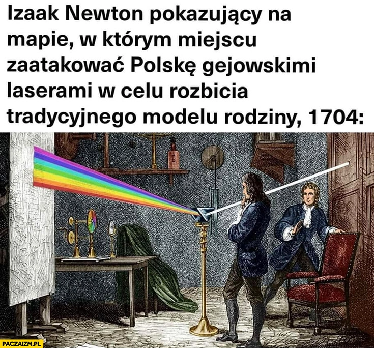 
    Newton pokazujący na mapie w którym miejscu zaatakować Polskę gejowskimi laserami w celu rozbicia tradycyjnego modelu rodziny rok 1704