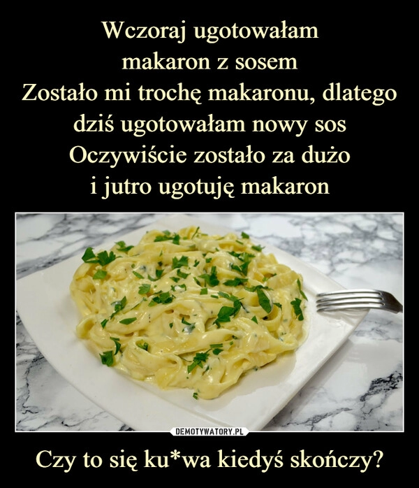 
    Wczoraj ugotowałam
makaron z sosem
Zostało mi trochę makaronu, dlatego dziś ugotowałam nowy sos
Oczywiście zostało za dużo
i jutro ugotuję makaron Czy to się ku*wa kiedyś skończy?