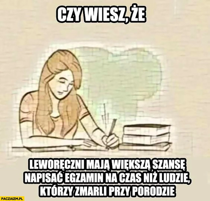 
    Czy wiesz, że leworęczni mają większą szanse napisać egzamin na czas niż ludzie którzy zmarli przy porodzie?