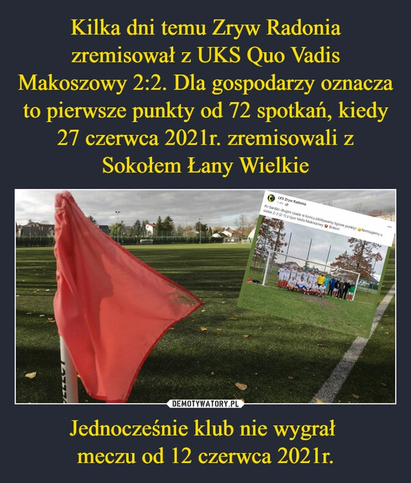 
    Kilka dni temu Zryw Radonia zremisował z UKS Quo Vadis Makoszowy 2:2. Dla gospodarzy oznacza to pierwsze punkty od 72 spotkań, kiedy 27 czerwca 2021r. zremisowali z Sokołem Łany Wielkie Jednocześnie klub nie wygrał 
meczu od 12 czerwca 2021r.