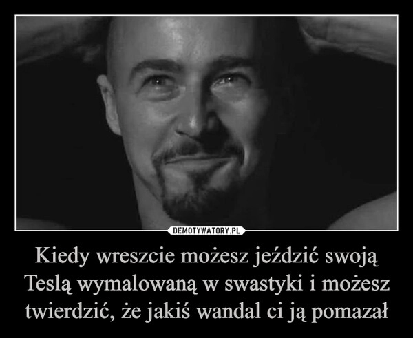 
    Kiedy wreszcie możesz jeździć swoją Teslą wymalowaną w swastyki i możesz twierdzić, że jakiś wandal ci ją pomazał