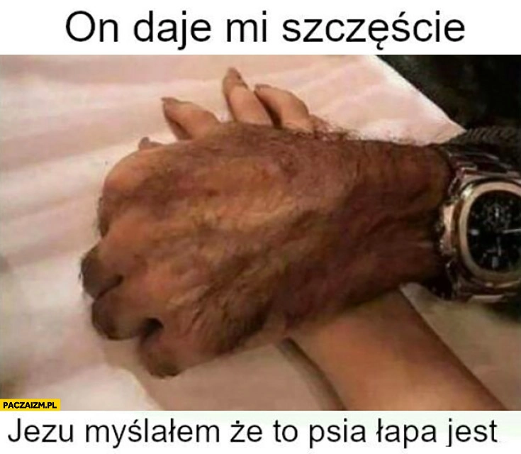 
    On daje mi szczęście myślałem, że to psia łapa jest owłosiona ręka faceta mężczyzny
