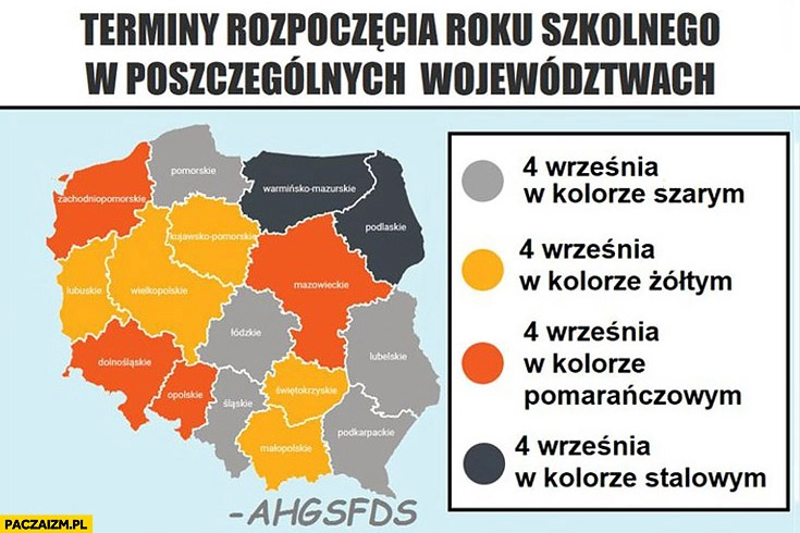 
    Terminy rozpoczęcia roku szkolnego w poszczególnych województwach mapka różne kolory