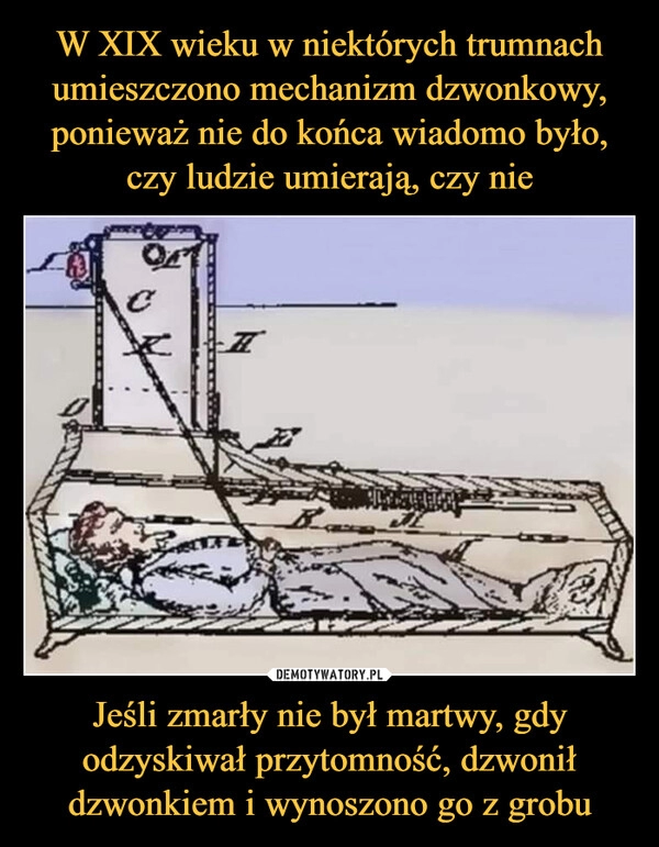 
    W XIX wieku w niektórych trumnach umieszczono mechanizm dzwonkowy, ponieważ nie do końca wiadomo było, czy ludzie umierają, czy nie Jeśli zmarły nie był martwy, gdy odzyskiwał przytomność, dzwonił dzwonkiem i wynoszono go z grobu 