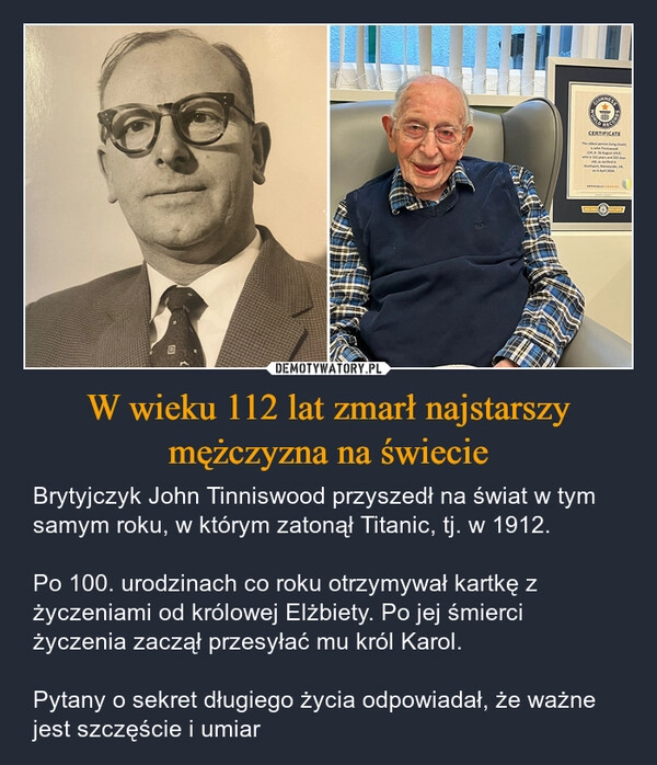 
    W wieku 112 lat zmarł najstarszy mężczyzna na świecie