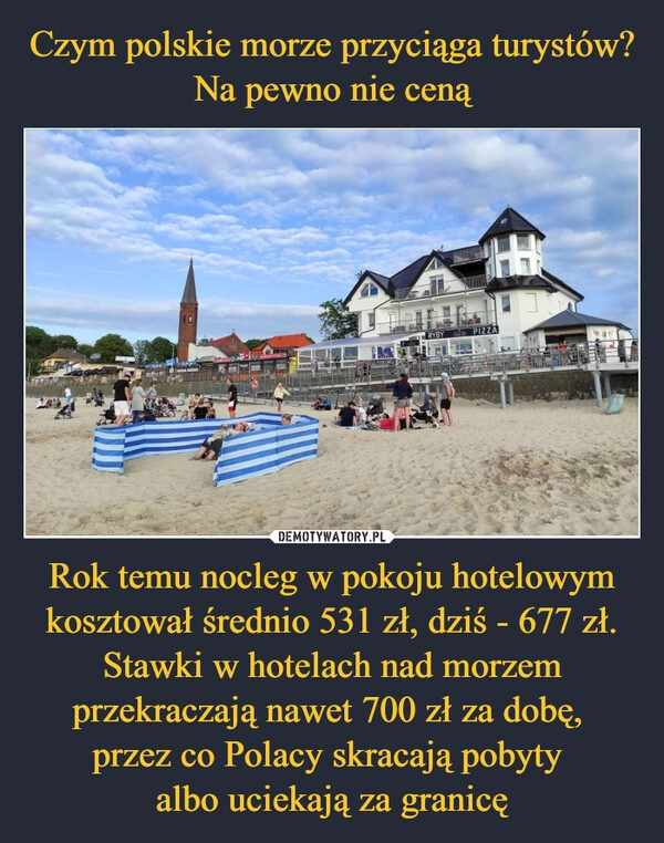 
    Czym polskie morze przyciąga turystów? Na pewno nie ceną Rok temu nocleg w pokoju hotelowym kosztował średnio 531 zł, dziś - 677 zł. Stawki w hotelach nad morzem przekraczają nawet 700 zł za dobę, 
przez co Polacy skracają pobyty 
albo uciekają za granicę