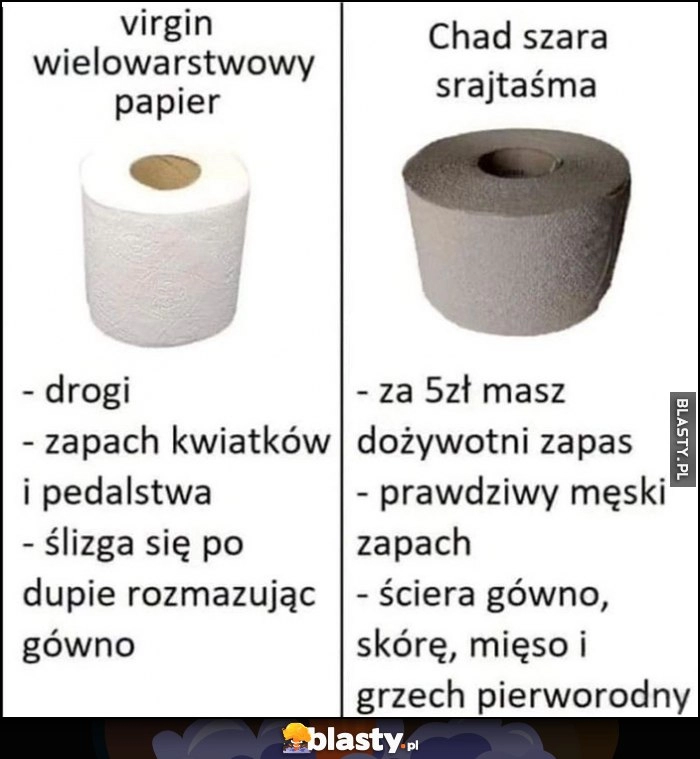 
    Virgin wielowarstwowy papier vs Chad szara srajtaśma porównanie