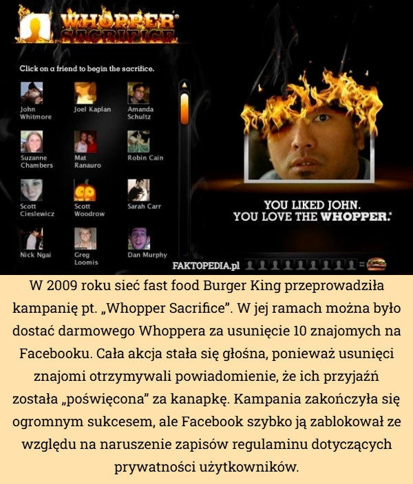 
    W 2009 roku sieć fast food Burger King przeprowadziła kampanię pt. „Whopper