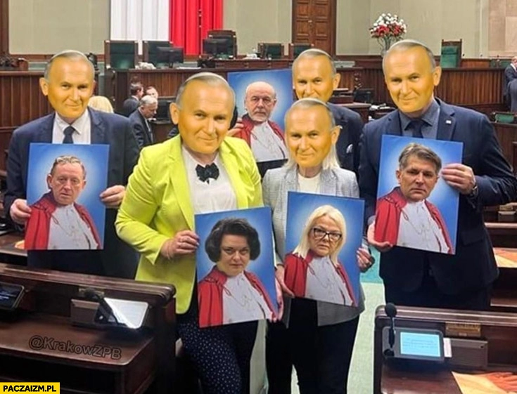 
    Papież w sejmie ze zdjęciami posłów PiS przeróbka zamiana twarzy face swap