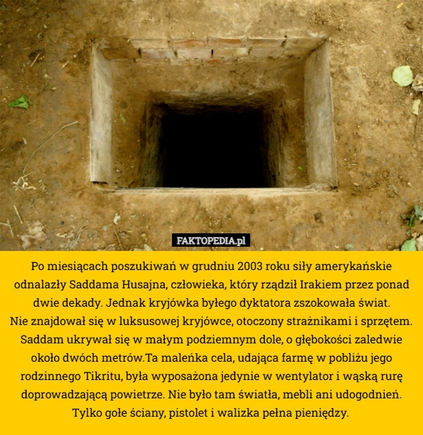 
    Po miesiącach poszukiwań w grudniu 2003 roku siły amerykańskie odnalazły