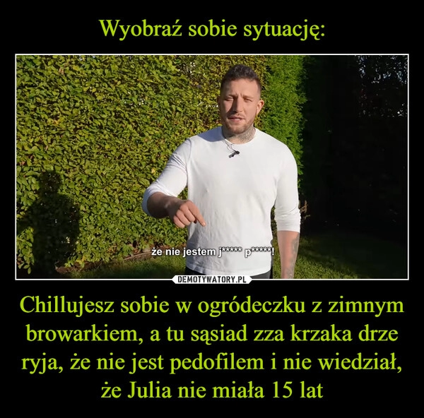 
    Wyobraź sobie sytuację: Chillujesz sobie w ogródeczku z zimnym browarkiem, a tu sąsiad zza krzaka drze ryja, że nie jest pedofilem i nie wiedział, że Julia nie miała 15 lat