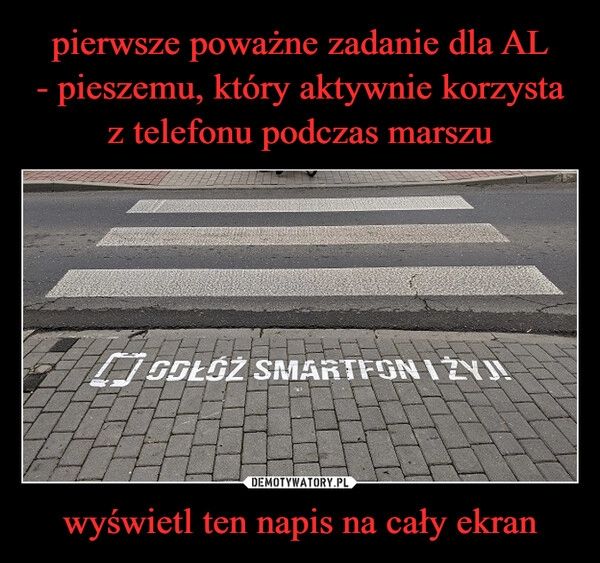 
    pierwsze poważne zadanie dla AL
- pieszemu, który aktywnie korzysta z telefonu podczas marszu wyświetl ten napis na cały ekran