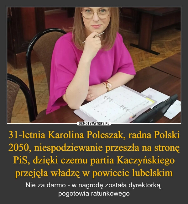 
    31-letnia Karolina Poleszak, radna Polski 2050, niespodziewanie przeszła na stronę PiS, dzięki czemu partia Kaczyńskiego przejęła władzę w powiecie lubelskim
