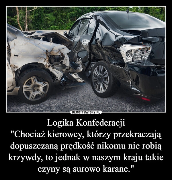 
    Logika Konfederacji
"Chociaż kierowcy, którzy przekraczają dopuszczaną prędkość nikomu nie robią krzywdy, to jednak w naszym kraju takie czyny są surowo karane."