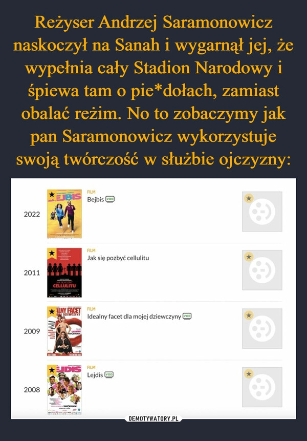 
    Reżyser Andrzej Saramonowicz naskoczył na Sanah i wygarnął jej, że wypełnia cały Stadion Narodowy i śpiewa tam o pie*dołach, zamiast obalać reżim. No to zobaczymy jak pan Saramonowicz wykorzystuje swoją twórczość w służbie ojczyzny: