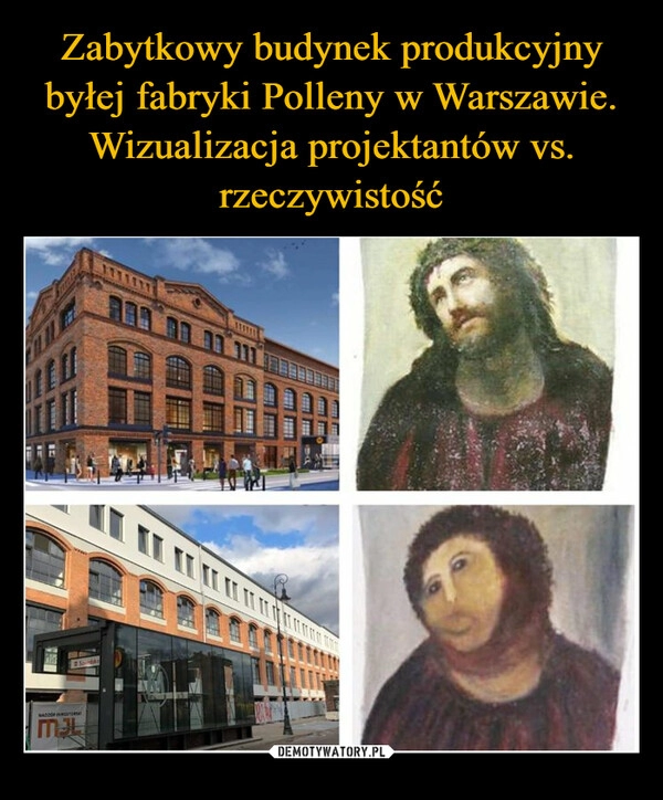 
    Zabytkowy budynek produkcyjny byłej fabryki Polleny w Warszawie. Wizualizacja projektantów vs. rzeczywistość