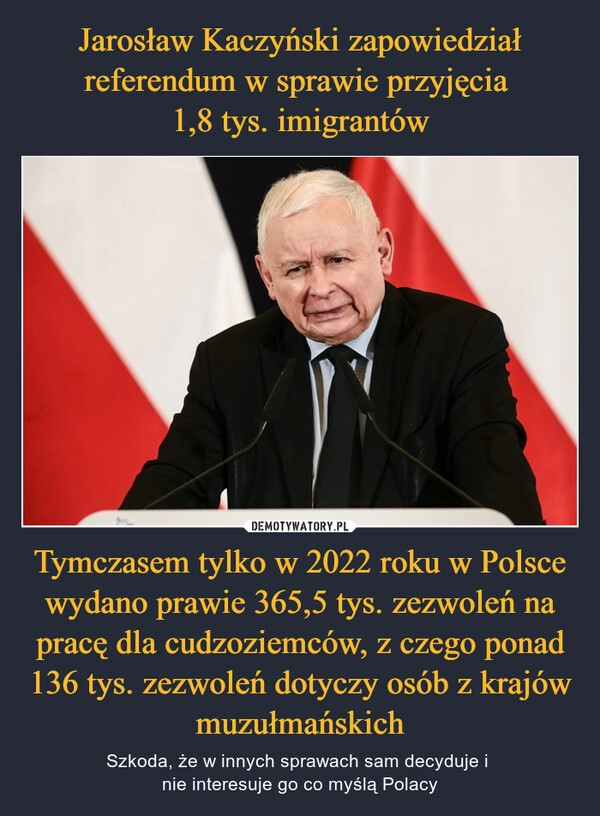 
    Jarosław Kaczyński zapowiedział referendum w sprawie przyjęcia 
1,8 tys. imigrantów Tymczasem tylko w 2022 roku w Polsce wydano prawie 365,5 tys. zezwoleń na pracę dla cudzoziemców, z czego ponad 136 tys. zezwoleń dotyczy osób z krajów muzułmańskich