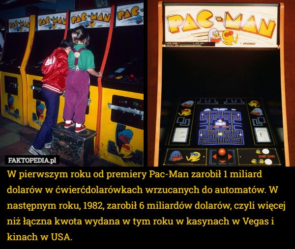 
    W pierwszym roku od premiery Pac-Man zarobił 1 miliard dolarów w ćwierćdolarówkach