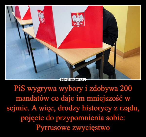 
    PiS wygrywa wybory i zdobywa 200 mandatów co daje im mniejszość w sejmie. A więc, drodzy historycy z rządu, pojęcie do przypomnienia sobie: Pyrrusowe zwycięstwo