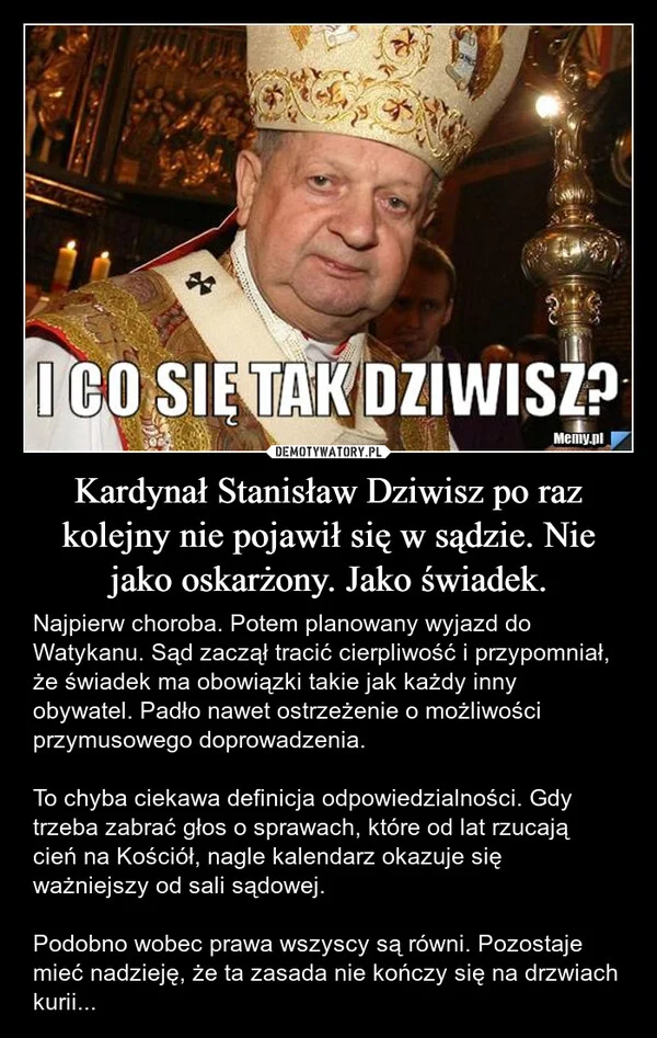 Kardynał Stanisław Dziwisz po raz kolejny nie pojawił się w sądzie. Nie jako oskarżony. Jako świadek.