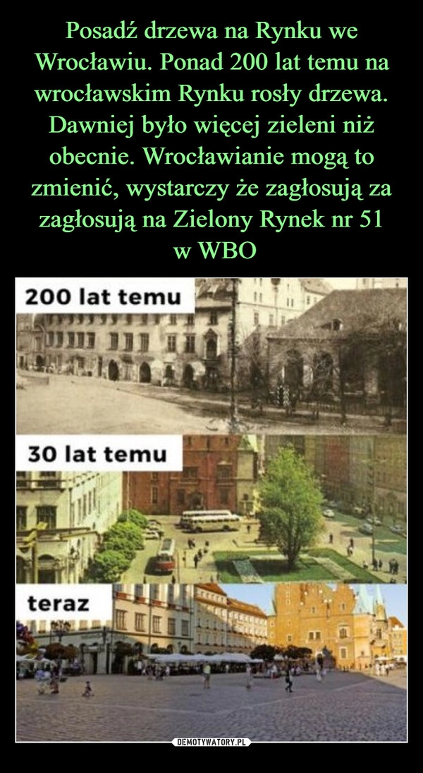 
    Posadź drzewa na Rynku we Wrocławiu. Ponad 200 lat temu na wrocławskim Rynku rosły drzewa. Dawniej było więcej zieleni niż obecnie. Wrocławianie mogą to zmienić, wystarczy że zagłosują za zagłosują na Zielony Rynek nr 51
 w WBO