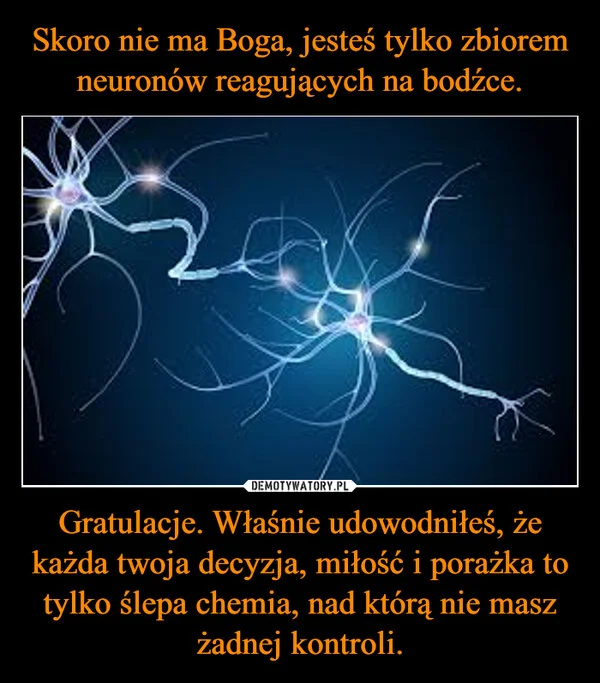 Skoro nie ma Boga, jesteś tylko zbiorem neuronów reagujących na bodźce. Gratulacje. Właśnie udowodniłeś, że każda twoja decyzja, miłość i porażka to tylko ślepa chemia, nad którą nie masz żadnej kontroli.