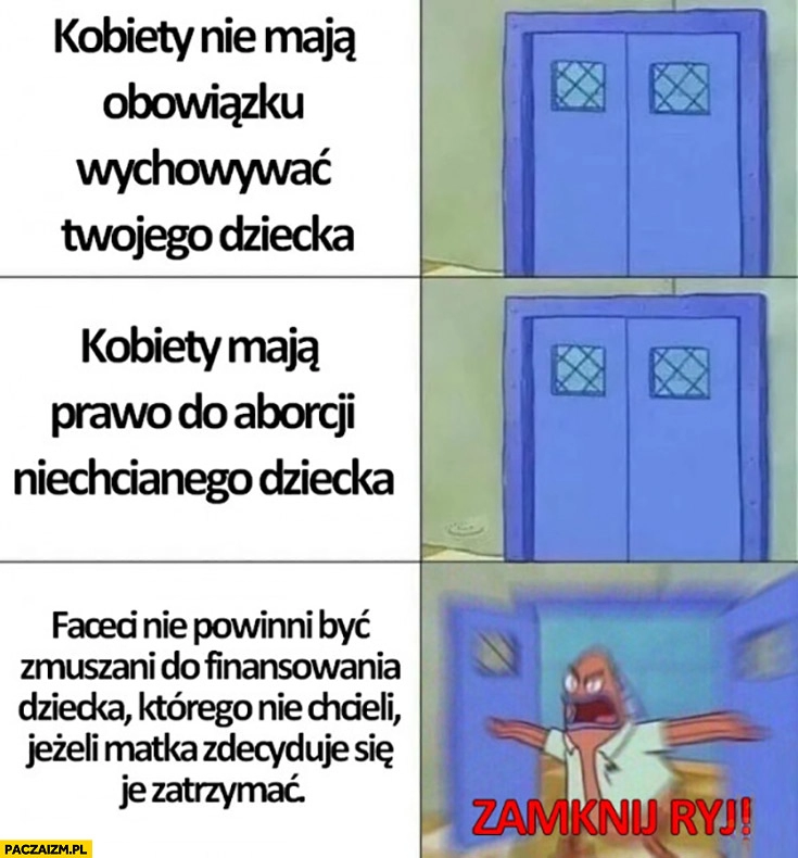 
    Kobiety mają prawo do aborcji, reakcja na faceci nie powinni być zmuszani do finansowania dziecka którego nie chcieli jeśli matka zdecyduje się je zatrzymać