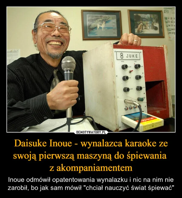 Daisuke Inoue - wynalazca karaoke ze swoją pierwszą maszyną do śpiewania z akompaniamentem