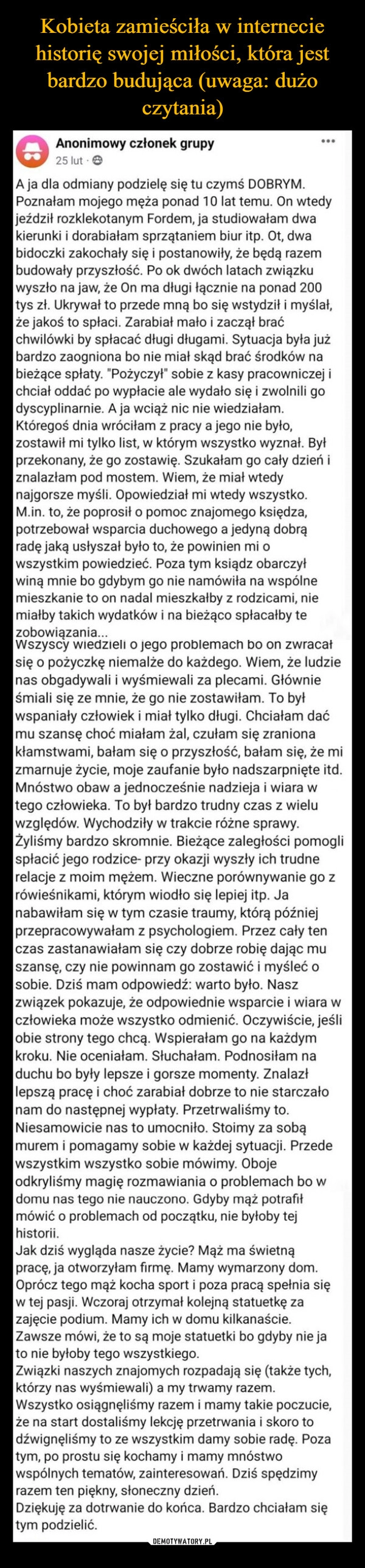 
    Kobieta zamieściła w internecie historię swojej miłości, która jest bardzo budująca (uwaga: dużo czytania)