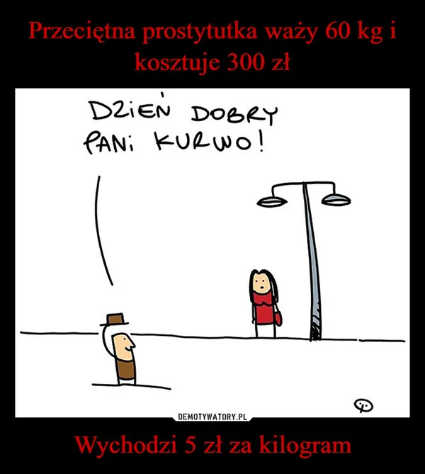 Przeciętna prostytutka waży 60 kg i kosztuje 300 zł Wychodzi 5 zł za kilogram