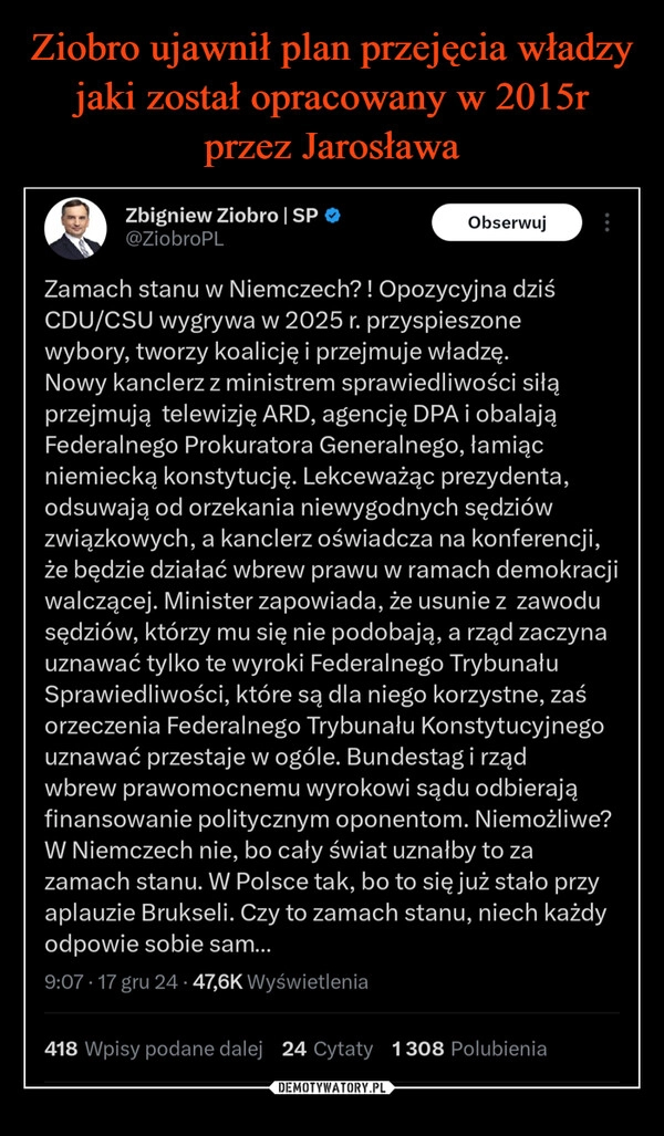 
    Ziobro ujawnił plan przejęcia władzy jaki został opracowany w 2015r przez Jarosława