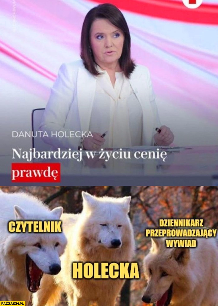 
    Danuta Holecka najbardziej w życiu cenię prawdę, czytelnik dziennikarz prowadzący wywiad śmieją się Holecka poważna wilk wilki