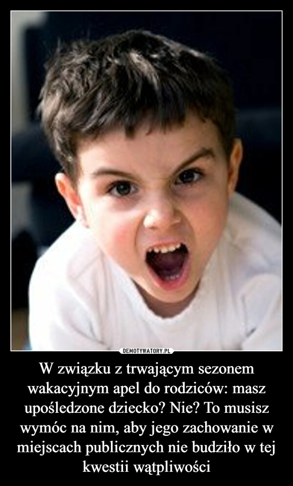 
    W związku z trwającym sezonem wakacyjnym apel do rodziców: masz upośledzone dziecko? Nie? To musisz wymóc na nim, aby jego zachowanie w miejscach publicznych nie budziło w tej kwestii wątpliwości