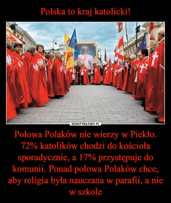 
    Polska to kraj katolicki! Połowa Polaków nie wierzy w Piekło. 72% katolików chodzi do kościoła sporadycznie, a 17% przystępuje do komunii. Ponad połowa Polaków chce, aby religia była nauczana w parafii, a nie w szkole 