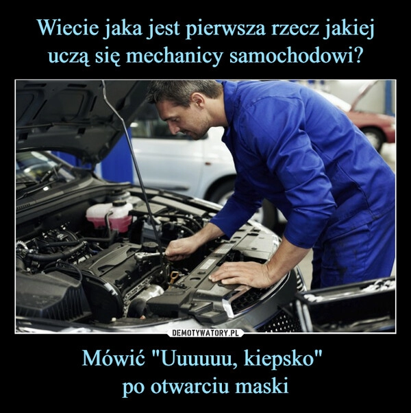 
    Wiecie jaka jest pierwsza rzecz jakiej uczą się mechanicy samochodowi? Mówić "Uuuuuu, kiepsko"
po otwarciu maski 