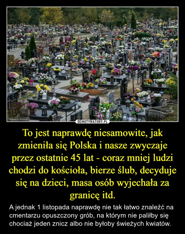 
    To jest naprawdę niesamowite, jak zmieniła się Polska i nasze zwyczaje przez ostatnie 45 lat - coraz mniej ludzi chodzi do kościoła, bierze ślub, decyduje się na dzieci, masa osób wyjechała za granicę itd.