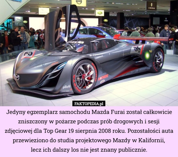 
    Jedyny egzemplarz samochodu Mazda Furai został całkowicie zniszczony w pożarze...