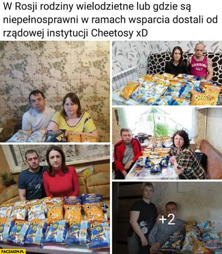 
    W Rosji rodziny wielodzietne z niepełnosprawnymi dziećmi w ramach wsparcia dostali od rządowej instytucji Cheetosy czipsy chipsy