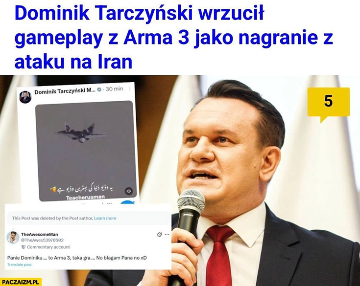 
    Dominik Tarczyński wrzucił gameplay z Arma 3 jako nagranie ataku na iran