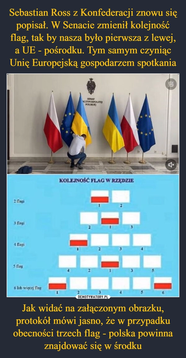 
    Sebastian Ross z Konfederacji znowu się popisał. W Senacie zmienił kolejność flag, tak by nasza było pierwsza z lewej, a UE - pośrodku. Tym samym czyniąc Unię Europejską gospodarzem spotkania Jak widać na załączonym obrazku, protokół mówi jasno, że w przypadku obecności trzech flag - polska powinna znajdować się w środku