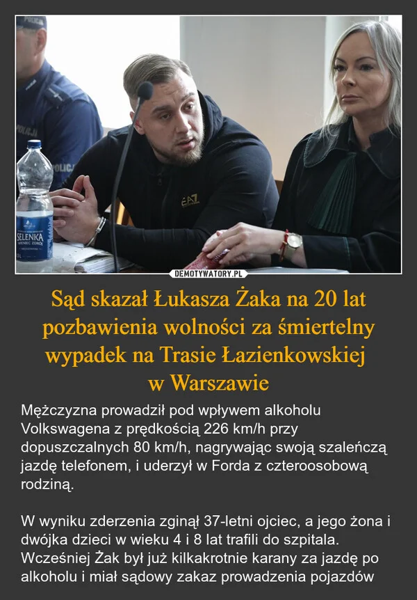 
    Sąd skazał Łukasza Żaka na 20 lat pozbawienia wolności za śmiertelny wypadek na Trasie Łazienkowskiej w Warszawie