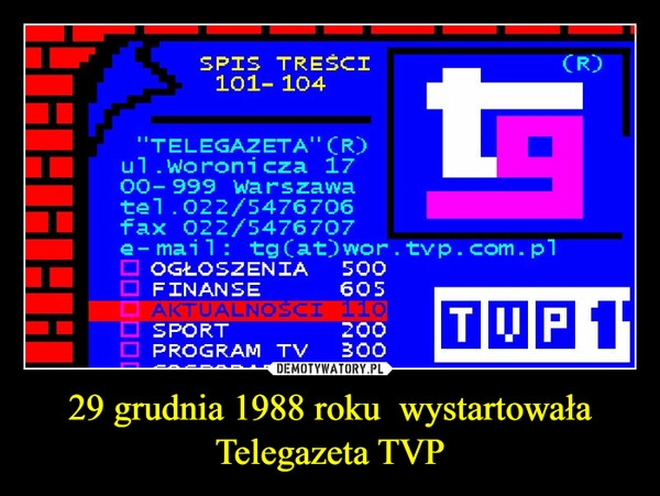 
    
29 grudnia 1988 roku wystartowała Telegazeta TVP 