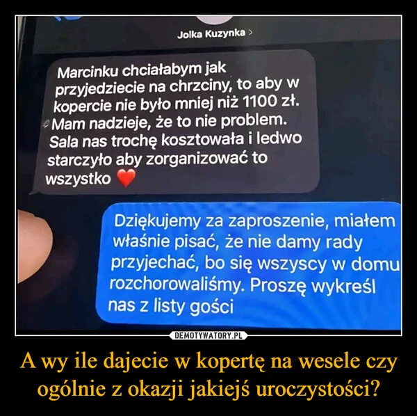 
    A wy ile dajecie w kopertę na wesele czy ogólnie z okazji jakiejś uroczystości?