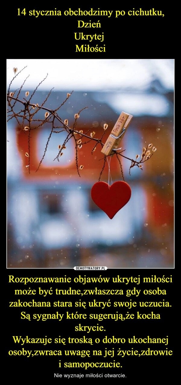 
    14 stycznia obchodzimy po cichutku,
Dzień 
Ukrytej 
Miłości Rozpoznawanie objawów ukrytej miłości może być trudne,zwłaszcza gdy osoba zakochana stara się ukryć swoje uczucia. Są sygnały które sugerują,że kocha skrycie.
Wykazuje się troską o dobro ukochanej osoby,zwraca uwagę na jej życie,zdrowie i samopoczucie.